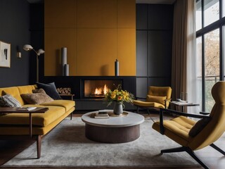 Modern living room layout featuring a sleek fireplace, inviting armchair, and walls painted in a warm mustard tone.