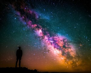 Obraz premium Man stands silhouette Milky Way galaxy sky cosmic nebula starlight