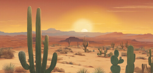 Landscape Desert, Cactus, Sun - obrazy, fototapety, plakaty