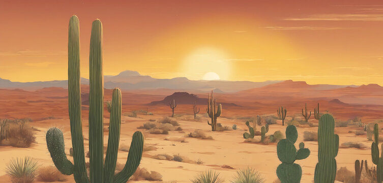 Landscape Desert, Cactus, Sun