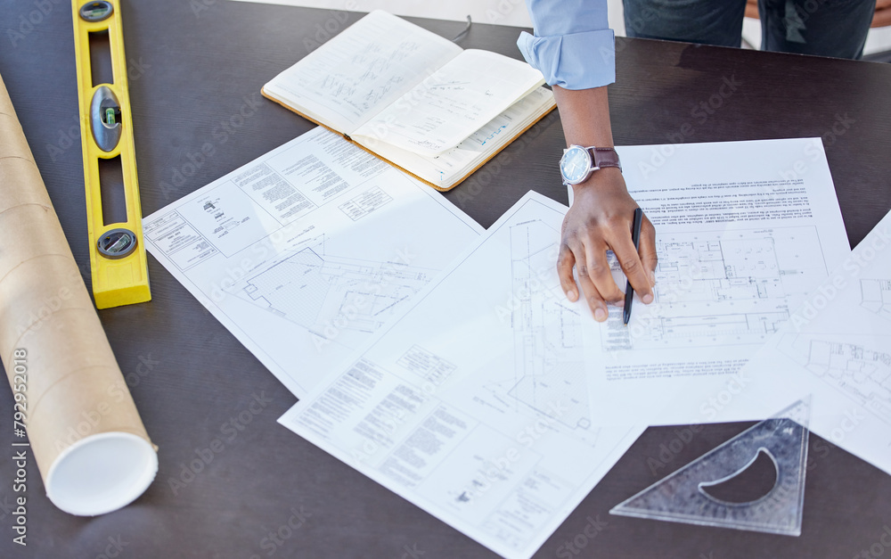 Aufkleber Hand, man and blueprint for planning in office with pencil for drawing a building design, layout and project as architect. Table, construction and engineering person with idea for renovations