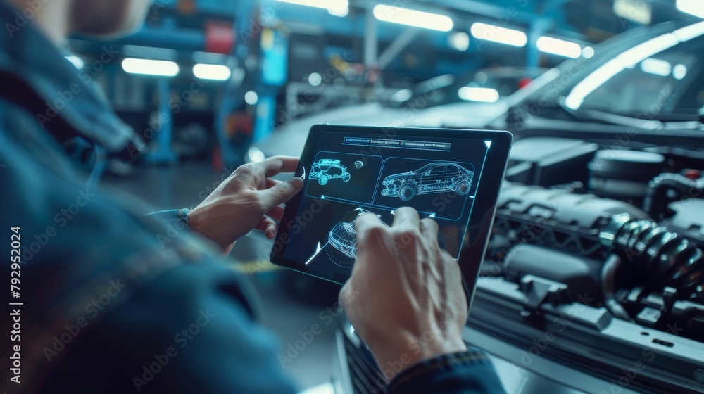 Poster technician inspects a car for broken parts inside the engine bay using a tablet computer with augmen