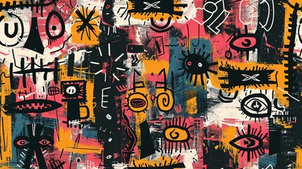 punk pop rock style elements abstract face with grungy texture with color splash abstract background, seamless pattern tile, Generative Ai