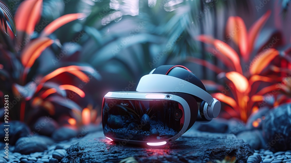 Poster the concept of a virtual reality headset for decoration, based on the technology of virtual reality