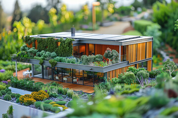 A modernist style home with lots of greenery and plants, built from wood and steel, with solar panels on the roof. Created with Ai