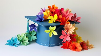 a graduation cap adorned with a cascade of paper flowers in all the colors of the rainbow. This celebratory creation symbolizes a bright future filled with endless possibilities