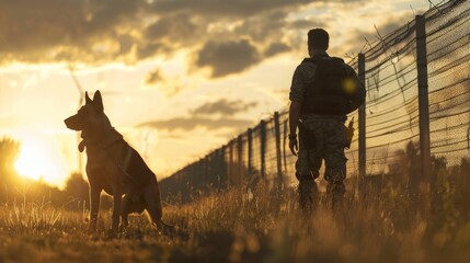 A guard dog and its handler patrolling a perimeter fence, enhancing security with trained canine support - obrazy, fototapety, plakaty