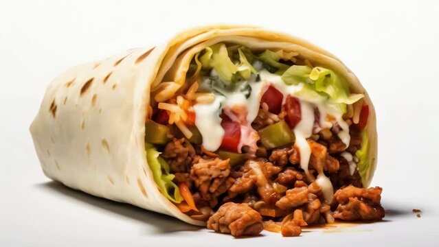 A burrito with meat and lettuce is open and ready to be eaten