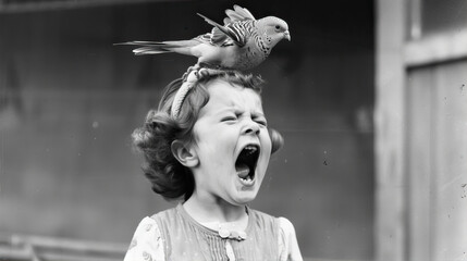 A little girl screams because a bird landed on her head. Vintage black and white photo
