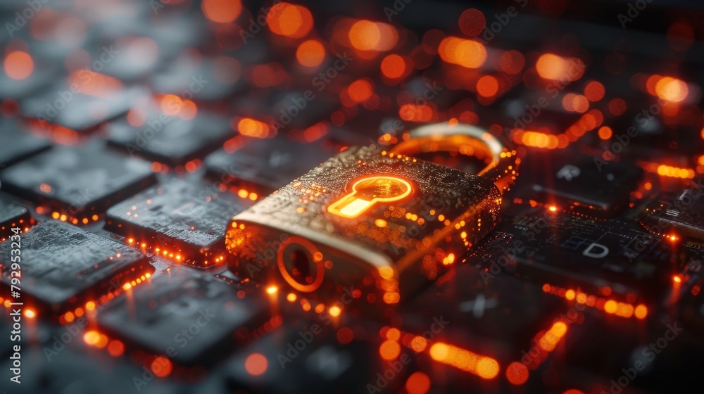 Poster an illustration of cyber security technology using a realistic laptop and golden padlock with a futu