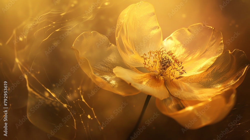 Poster delicate flower aglow with translucent light bathed in golden warmth creating an ethereal scene of m