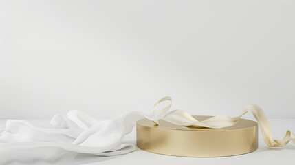 Abstract background in 3D style with white fabric and gold stand
