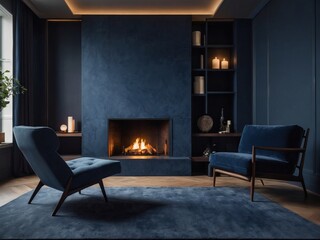 Modern living space with a minimalist fireplace, cozy armchair, and walls painted in a sophisticated navy blue tone.