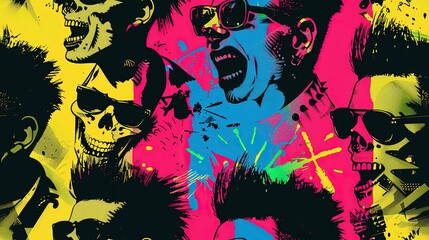 Obraz premium punk pop rock style skull elements with color splash abstract background, seamless pattern tile, Generative Ai