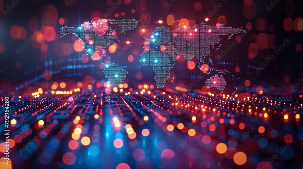 Poster an illustration of a dotted world map in a futuristic style, with a communication world or big data 
