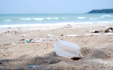 Plastic food box left on the sandy beach, waste pollution or garbage on the beach blur background. Rubbish disposal and trash management, Environmental pollution concept.