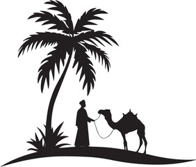 Man with camel islamic element logo with palm tree silhouette icon. Vector illustration