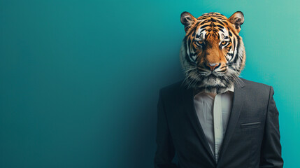 Anthromophic friendly Tiger wearing suite formal business studio shot 