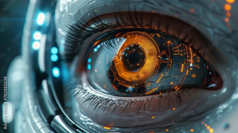 Poster surveillance technology concept, robotic eye with scanning interface