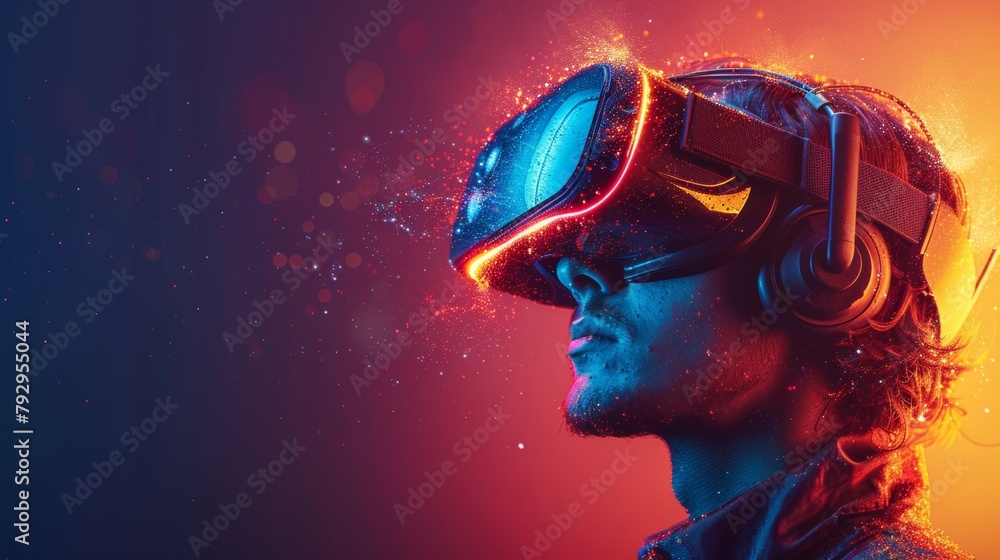 Poster presented in polygon style is a graphic of a man wearing a vr headset.