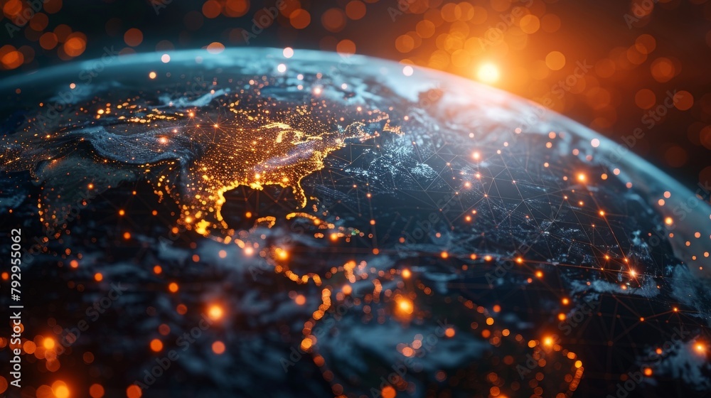 Poster A futuristic globe with a cyberspace interface to illustrate the concept of global communication technology