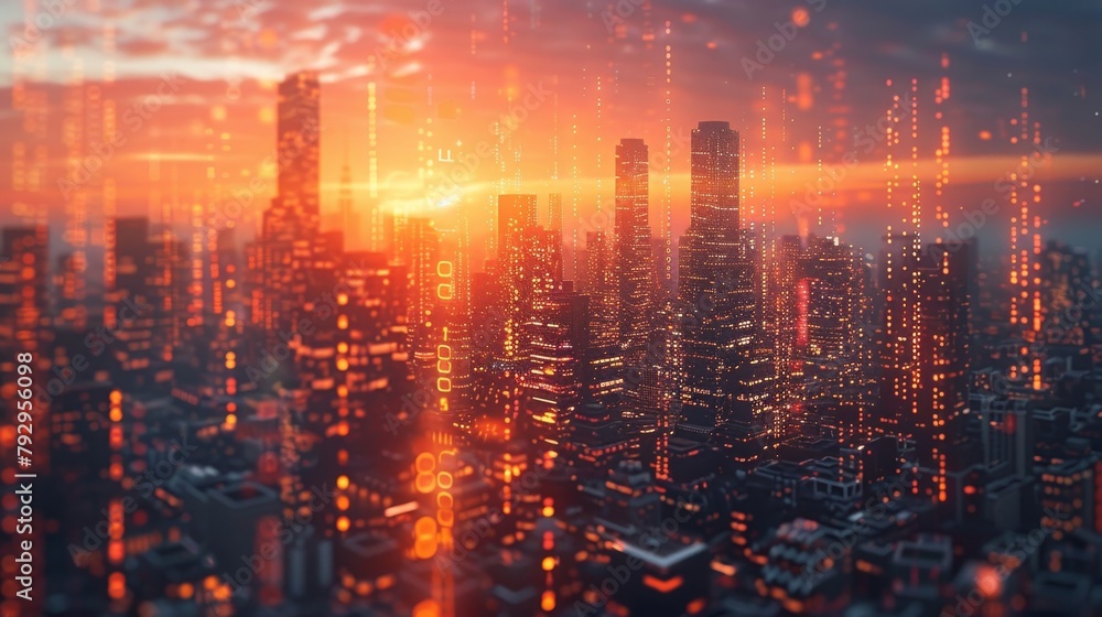 Aufkleber Image of a smart building or a digital city combining a graphic with a binary code