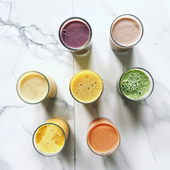 Multicolored fruit smoothies on a white background
