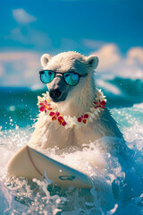 a polar bear with glasses swims on the surf. selective focus.