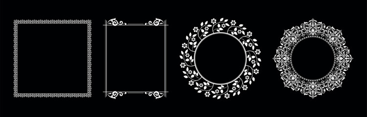 Set of decorative frames Elegant vector element for design in Eastern style, place for text. Floral black and white borders. Lace illustration for invitations and greeting cards. - 792956070