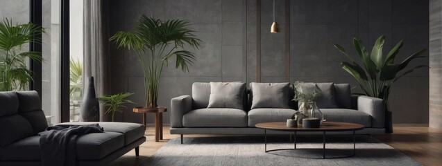 Modern minimalist living space mockup featuring a gray sofa and palm tree, set within a sleek gray interior background for a refined ambiance. - obrazy, fototapety, plakaty