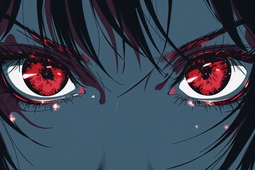 Anime face with red eyes from cartoon. Web banner for anime, manga. Vector illustration