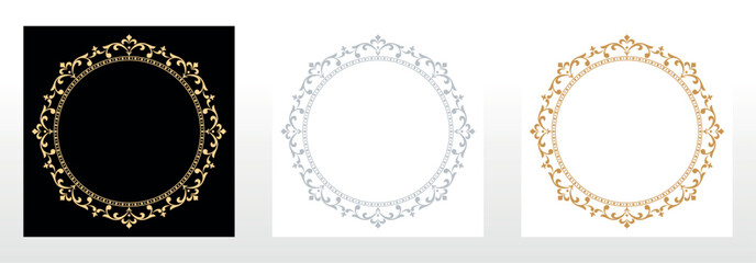 Set of decorative frames Elegant vector element for design in Eastern style, place for text. Floral black, gold and gray borders. Lace illustration for invitations and greeting cards