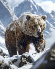 Bear in a snowy mountain, full bodied - obrazy, fototapety, plakaty