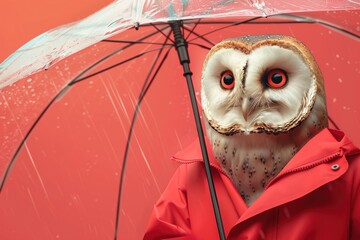 Wise owl in red rain jacket with see-through umbrella on red - 792956881