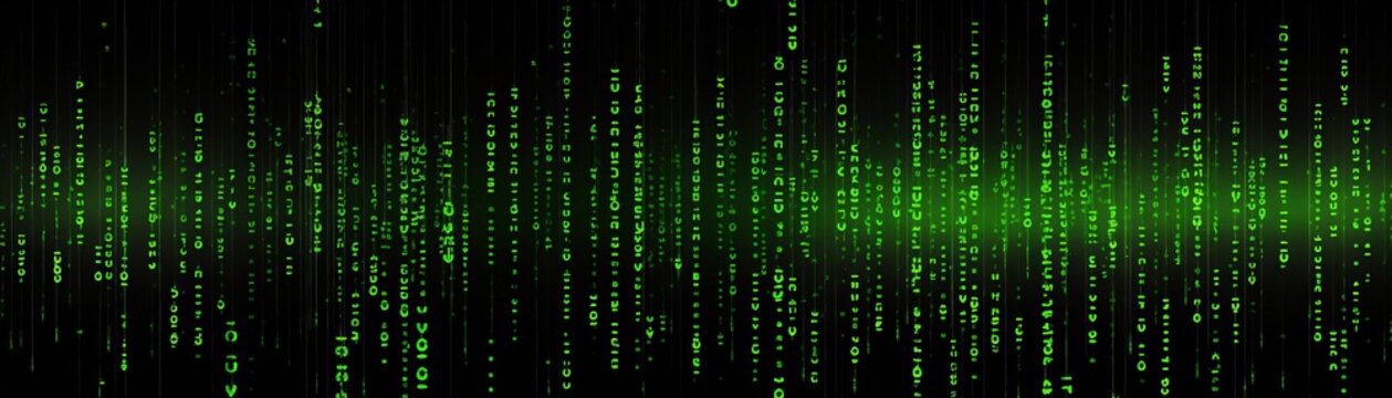 Abstract representation of binary code rain, like in a matrix, with neon green numbers against a deep black background, cyber concept
