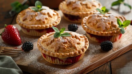 Homemade berry tartlets on a wooden board, selective focus - obrazy, fototapety, plakaty