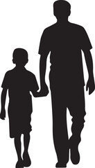 Father and son holding hand walking black silhouette icon. Father and son love. Vector illustration