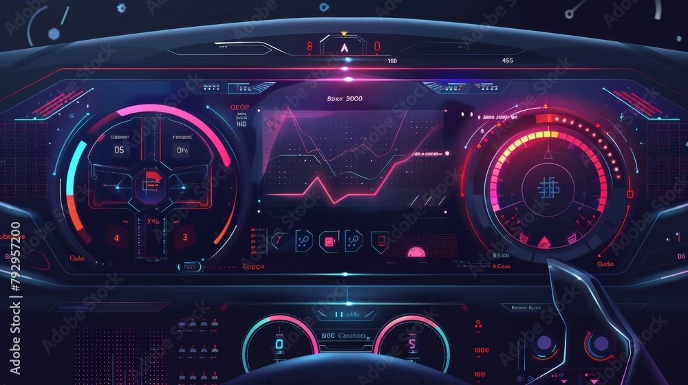 Poster Smart car dashboard with smart car settings, parameters, options and parameters in a HUD, GUI, UI style interface. Smart car dashboard with smart car settings and parameters.