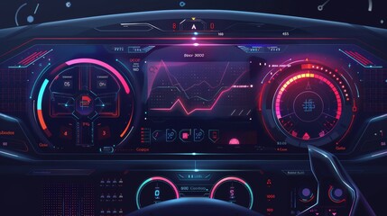 Smart car dashboard with smart car settings, parameters, options and parameters in a HUD, GUI, UI style interface. Smart car dashboard with smart car settings and parameters.