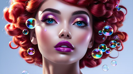 makeup.portrait of a beautiful red-haired girl against the background of soap bubbles - obrazy, fototapety, plakaty