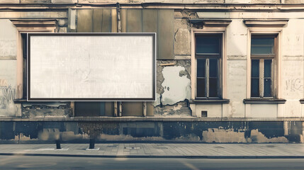Obraz premium A white, empty billboard stands on the street against the backdrop of old buildings. 