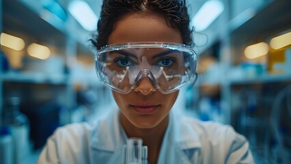 Bioengineer lab technician in modern lab conducting research wearing safety gear. Concept Bioengineering Research, Laboratory Technician, Safety Gear, Modern Lab, Scientific Experiment