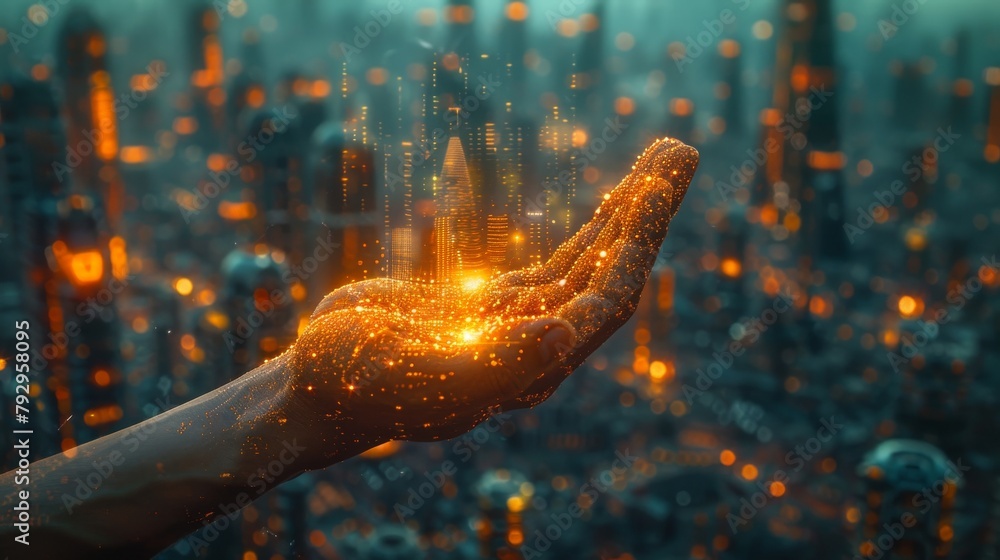Aufkleber graphic of artificial intelligence holding futuristic city, showing machine learning or deep learnin