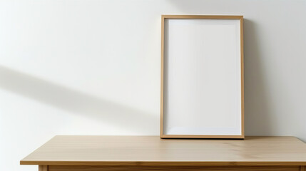 White, empty frame on a wooden table near the wall
