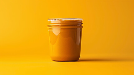 Wide photo of food container in order, set of brown peanut butter jar with blank label, mockup on wooden table and raw nuts around in yellow background 