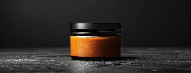 Wide photo of food container in order, set of brown peanut butter jar with black lid, mockup on wooden table in black background   