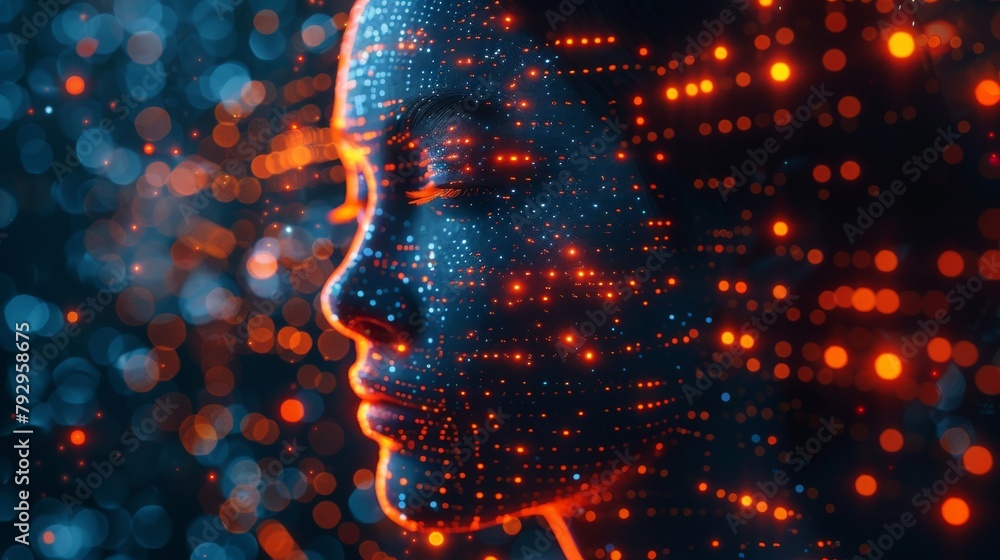 Poster An illustration of an AI head displaying a programming script in the form of a machine learning concept or innovations technology