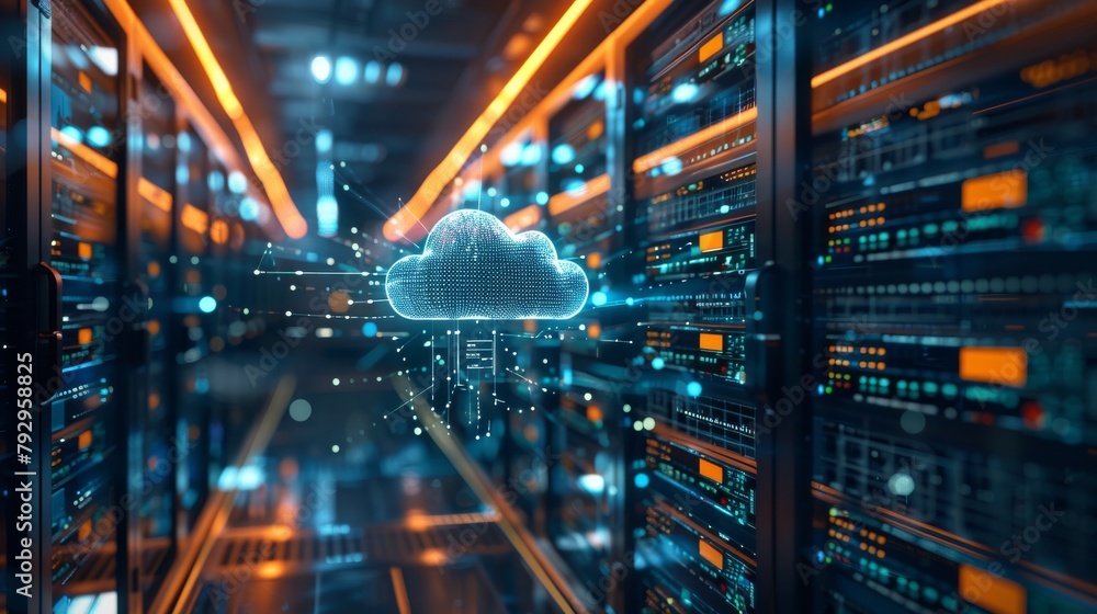 Poster Data center, cloud storage, and futuristic technology element in cloud computing concept