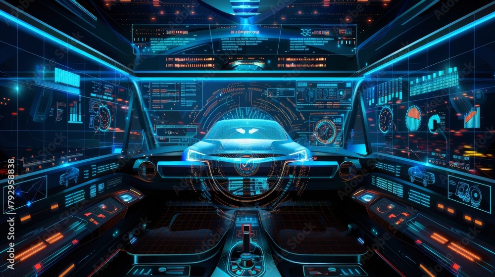 Poster Auto Hologram in HUD UI style. Car auto service, scanning and auto data analysis. Modern Design, Diagnostic Auto. Viral Graphical Interface.