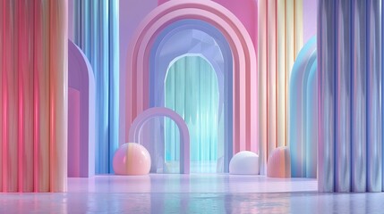 pastel color 3d rendering of a room with arches and spheres